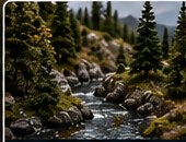 Model railroad scenery with structures and landscape